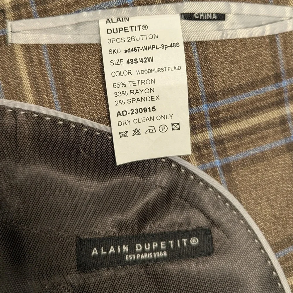 Alain Dupetit Mens 3 Piece Suit 48S 42W Woodhurst Plaid Brown Blue 2 Button Vest